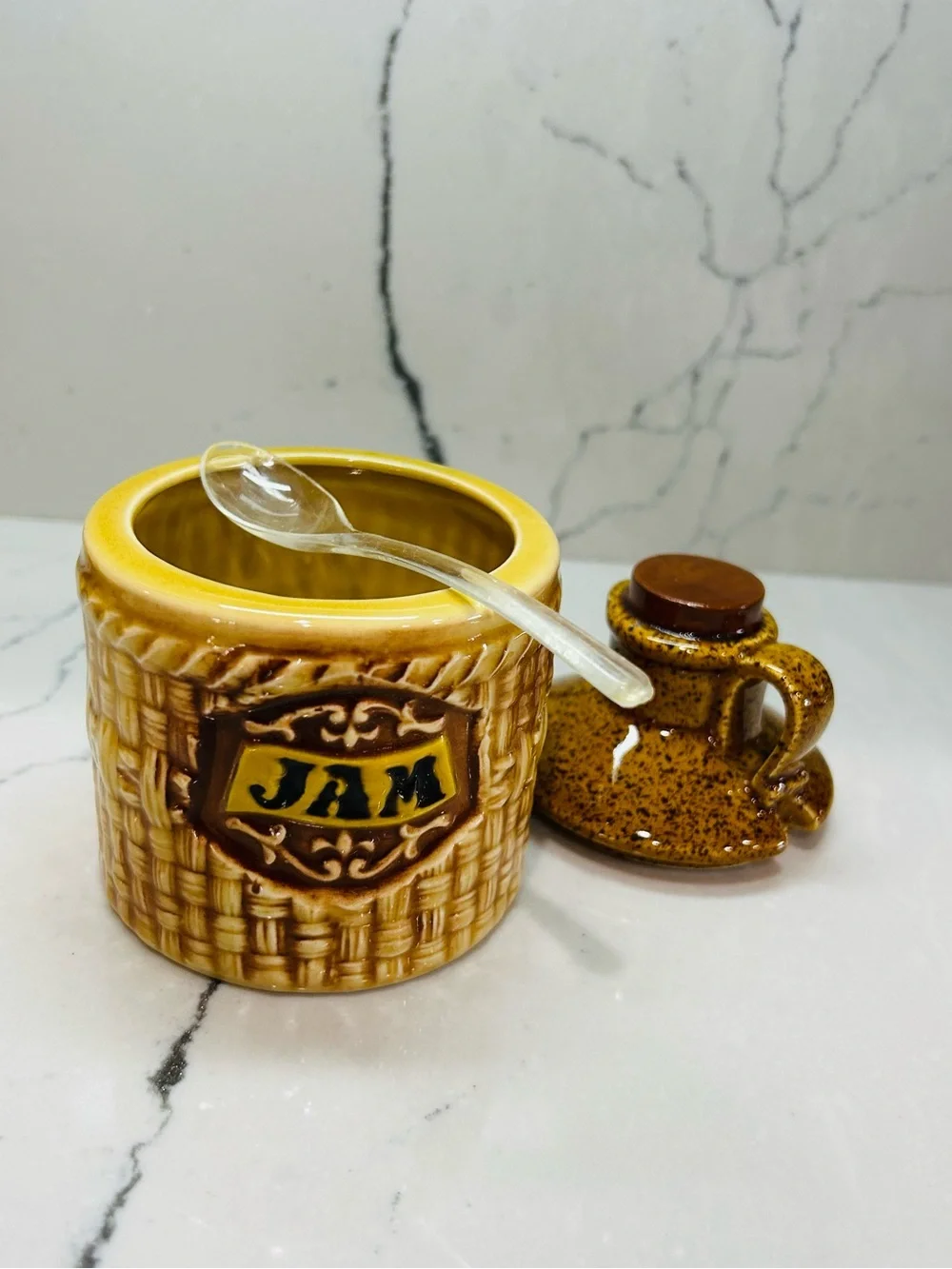 Vintage Lefton Fine China Lidded Jam/Jelly Jar/Jug with Plastic Spoon Japan